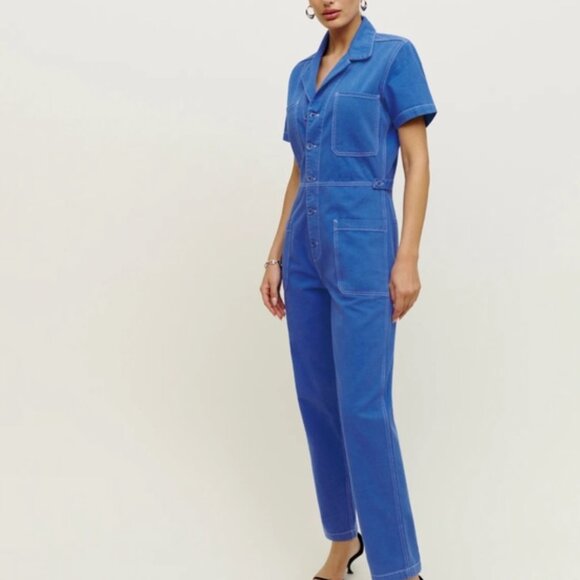 Reformation Morgan Blue Denim Jean button up Twill utility jumpsuit size 6 - Picture 1 of 6
